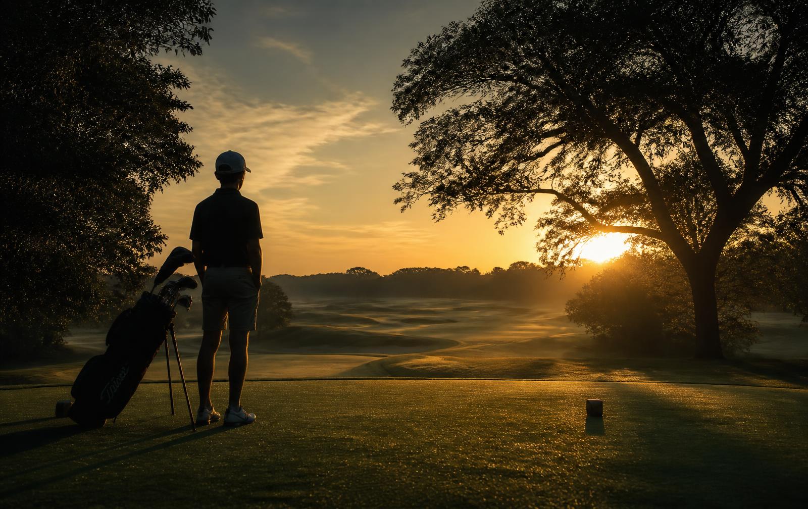 Junior golfer on the tee at sunrise on a Texas golf course
